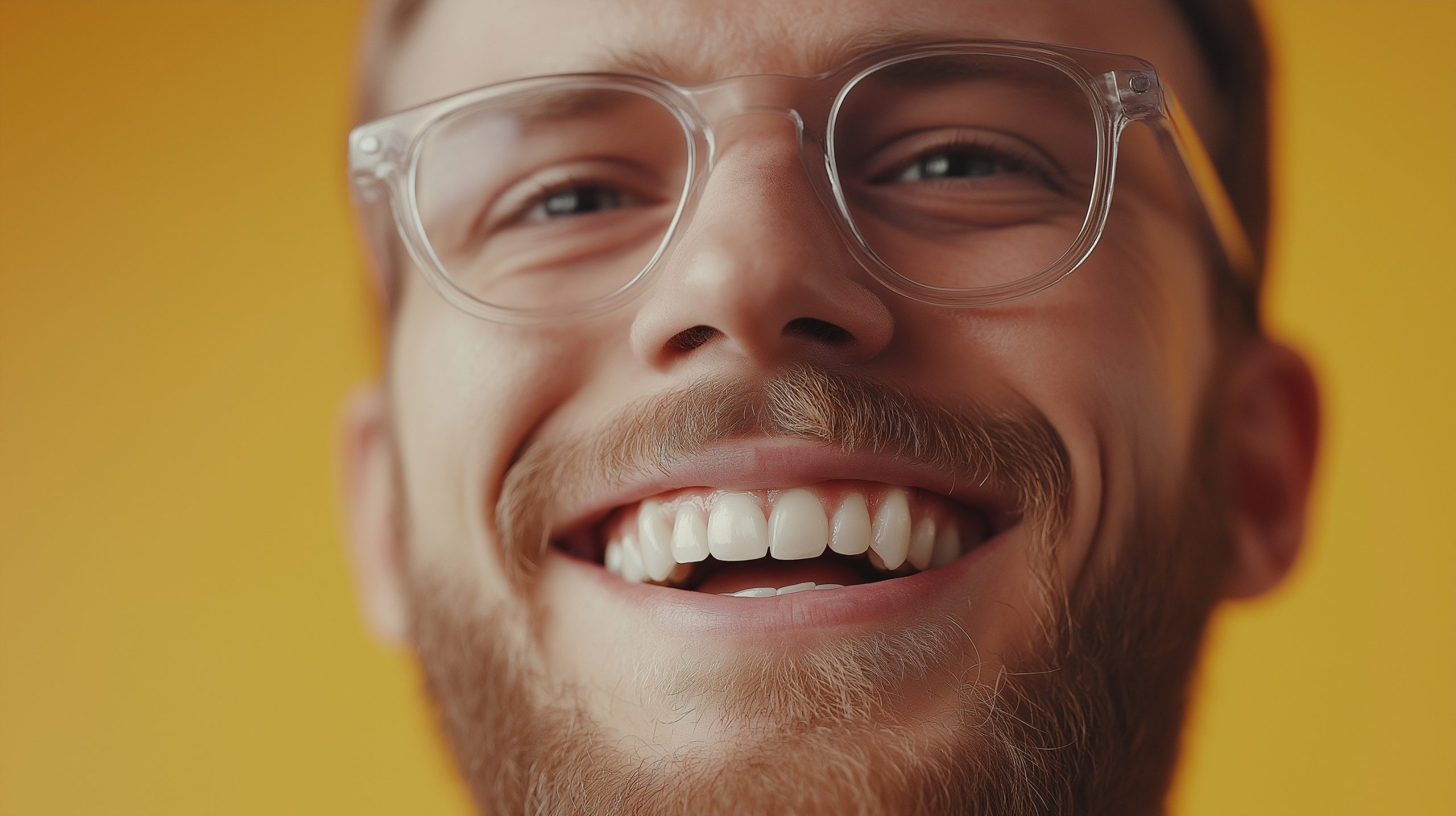Nærbilde av en smilende mann med klare briller, skjegg og hvite tenner mot gul bakgrunn.